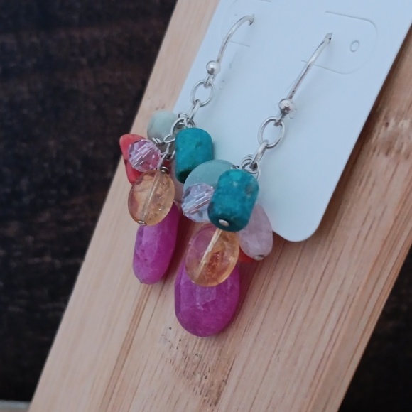 Silver Tone Multi Colored Beaded Dangle Earrings - Picture 7 of 8